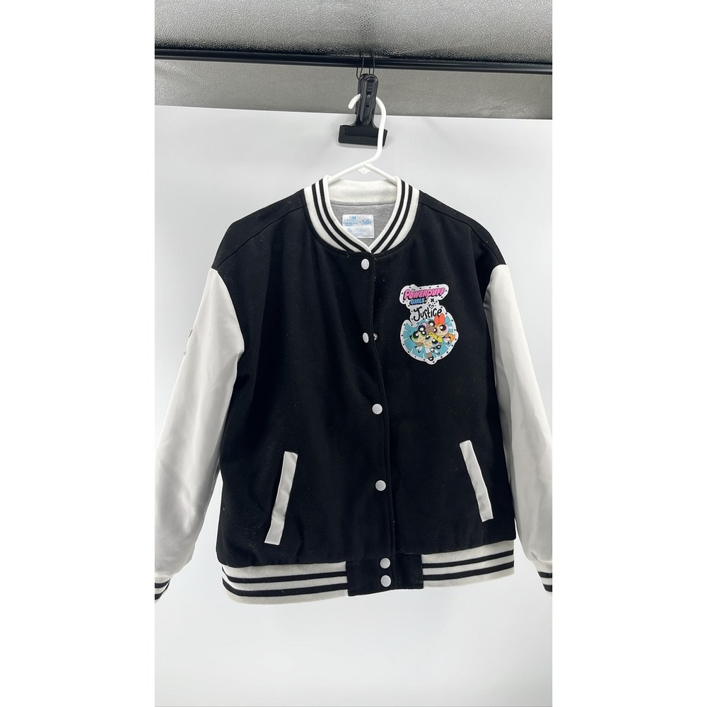 Powerpuff Girls Justice Varsity Jacket Youth XL Black White Bomber Cartoon